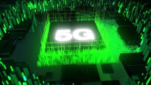 霓虹灯5g的题词主板CPU处理器微芯片动画数据信息处理高速移动互联网未来科技概念