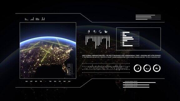 行星地球3d分析显示在北美移动的快速线路数据传输和数字连接的符号世界技术HUD界面
