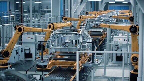 汽车工厂3D概念:自动化机器人手臂装配线制造高科技绿色能源电动汽车