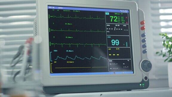 手术室特写显示脉搏生命体征的心跳监视器屏幕