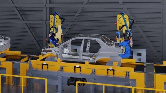 在具有点焊机器人的汽车厂车架在滑动输送机上