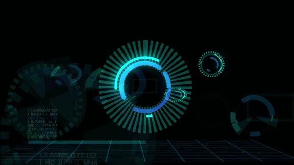 计算机动画技术与发光全息HUD旋转在黑暗的虚拟屏幕动画界面