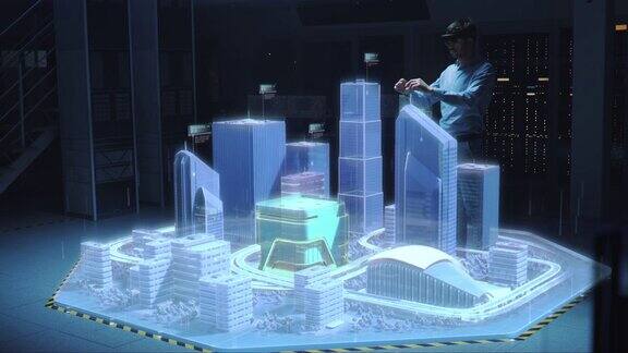 工业4.0:现代专业建筑师戴着虚拟现实耳机使用手势来移动、设计、操纵3D城市的建筑混合增强现实软件特效特效