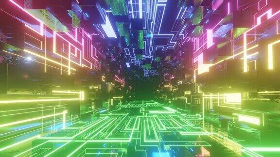 用彩虹霓虹的光芒飞越科技的网络空间通过高科技隧道的科幻飞行发光线形成的图案就像科幻的全息图3d环形无缝4k明亮bg数据流