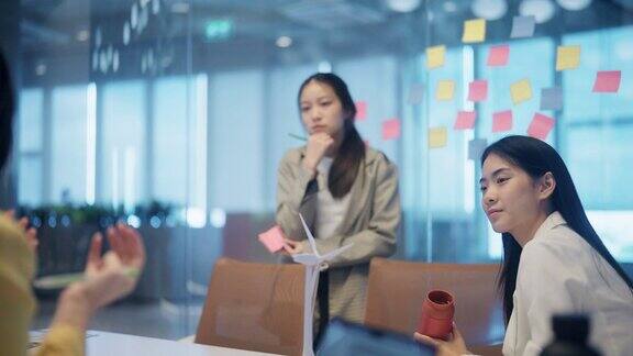 一名女性领导的亚洲团队在玻璃墙的会议室里谈话和头脑风暴的广角镜头