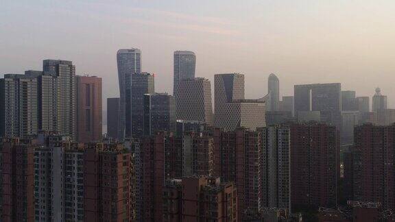 日出时间杭州市区上空飞行4k中国市中心航拍全景图