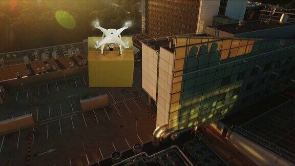 无人机在市区上空运送包裹的航拍照片