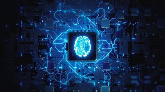 大脑电路板上的中央处理器单元人工智能AI深度学习现代计算机技术未来网络技术创新3D渲染运动背景