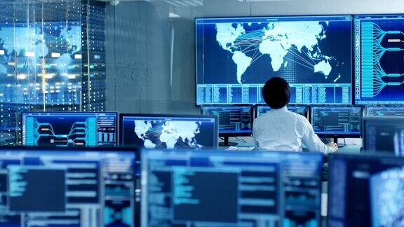 在系统控制室操作员坐在他的工作站有多个显示图形和物流信息的显示器