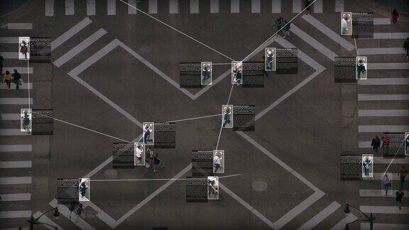 人行横道上挤满了人监控界面采用人工智能和面部识别系统对个人数据进行分类深度学习