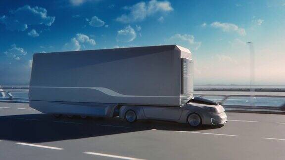 未来技术概念:带货运拖车的自动驾驶卡车在扫描传感器的道路上行驶3D零排放电动卡车在风景公路桥上快速行驶