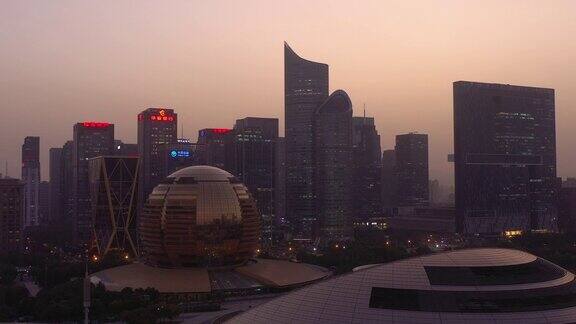日落时分天空杭州市区现代建筑航拍全景4k中国