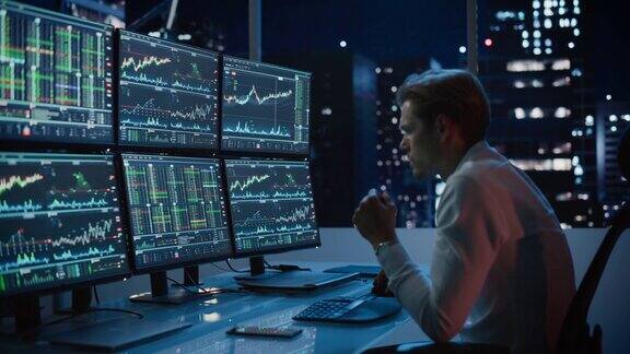 金融分析师在电脑上工作有多显示器工作站实时股票商品和交易市场图表商人晚上在投资银行市区办公室工作