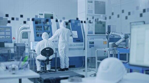 现代化无菌工厂:专业的工作服面罩在CNC机械上工作拥有高科技机械臂生产线和现代设备的医疗电子制造实验室