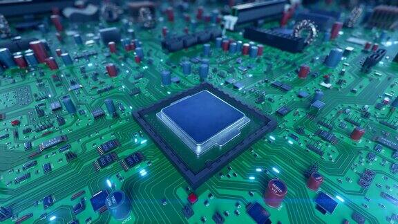 机械臂在带蓝色灯光的电路板上放置处理器的美丽过程宏3d动画的主板与CPU和耀斑技术与数字概念