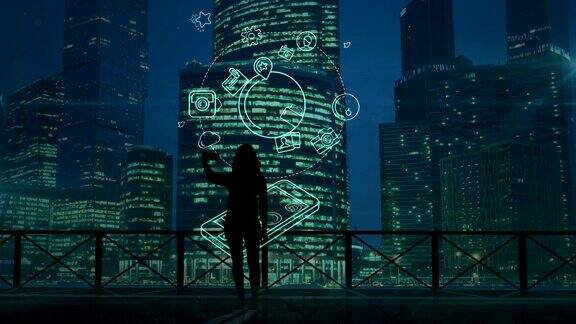 女孩在摩天大楼背景和社交媒体信息图上自拍