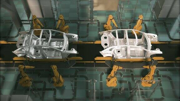 空中汽车工厂3D概念:自动化机械臂装配线制造高科技绿色能源电动汽车施工焊接工业生产输送机