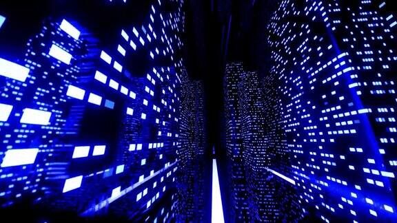 飞行通过高科技技术隧道与相机震动霓虹灯科幻建筑神秘的3d物体飞越科技的网络空间3d几乎循环4kbg抽象的城市