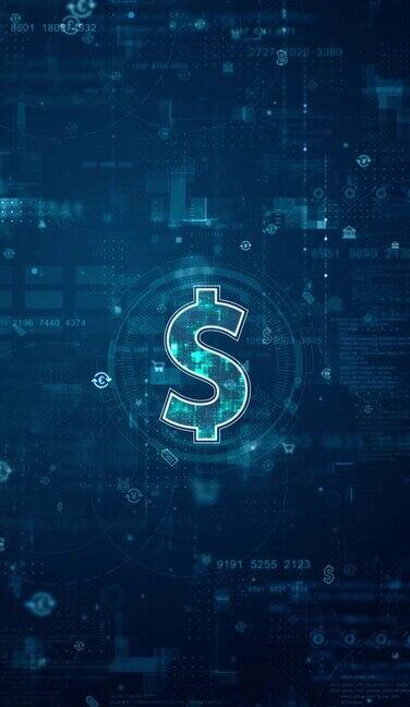 动态图形的蓝色数字货币标志和未来的圆形HUD与大数据处理网格线背景和技术ai图标屏幕抽象背景加密货币