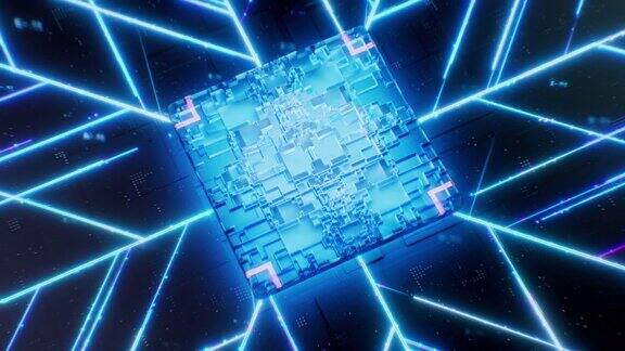 未来霓虹灯蓝色抽象背景与CPU