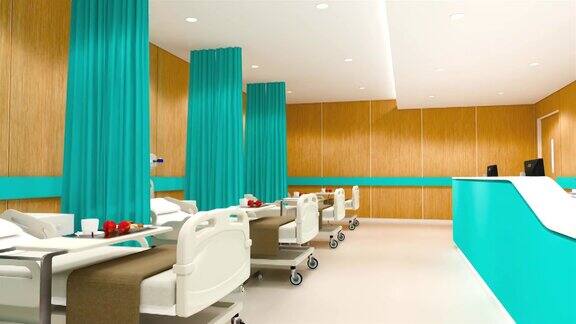 有床的病房空床和轮椅护理诊所或医院3d渲染房间和舒适现代医院保健理念