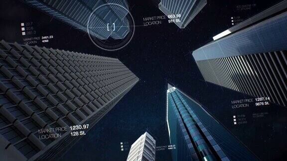 在数字显示仪表板中制造钢框架和建筑建筑低视角夜间4k动画