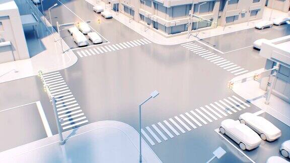 美丽的十字路口在现代城市与交通灯切换绿色红色发光街道上的汽车交通3d动画