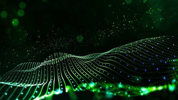 4k循环科幻绿色背景与散景和灯光效果辉光绿色粒子形成线表面弦结构作为虚拟空间或全息图的HUD屏幕11