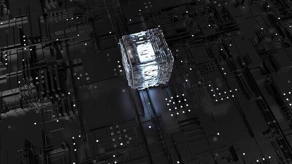 一个立方体的三维动画在黑色电路板上发出蓝光