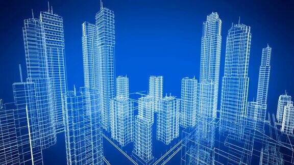 飞越成长中的城市当代建筑的美丽3d蓝图蓝色3d动画施工与技术概念