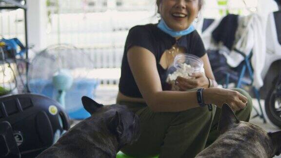 快乐的亚洲女人在家里训练她的法国斗牛犬