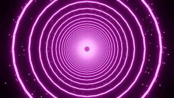 三维动画的霓虹灯隧道显示动态的圆圈和粒子表现出活泼的色彩