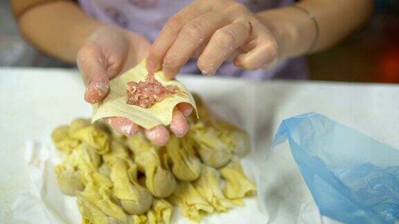 亚洲妇女手工制作馄饨和饺子馅