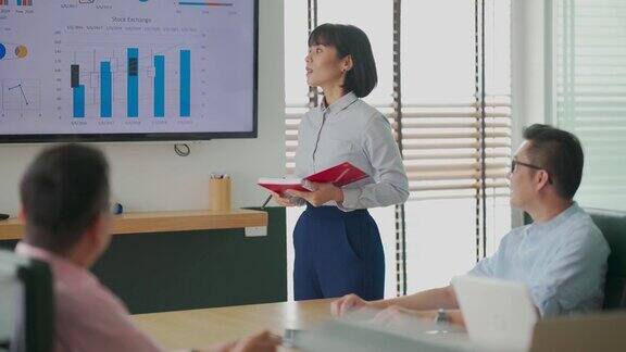 亚洲马来人女人自信地呈现给她的同事在会议室与电视屏幕演示与图表预测