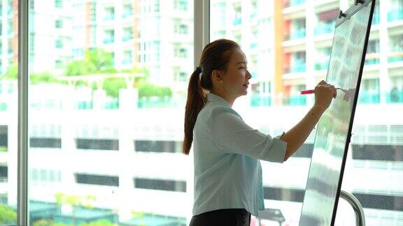 亚洲女商人用记号笔在白板上写字