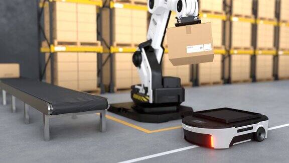 机器人手臂拿起箱子送到仓库中的自动机器人运输