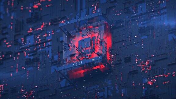 红色中央处理单元在蓝色板无缝循环3D渲染动画