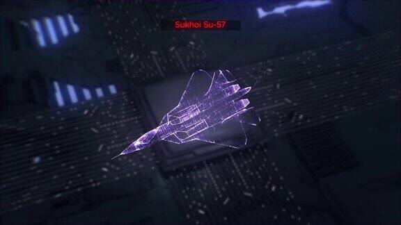苏霍伊Su-57数字未来3d模型转盘动画先进技术概念可视化:电路板CPU处理器芯片启动神经网络和云计算数据的人工智能数字化