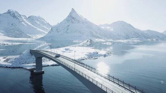 令人惊叹的罗浮敦群岛冬季风景与汽车通过一座桥