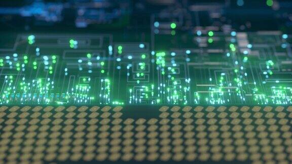 有上百万个连接和信号的计算机处理器cpu技术背景来自芯片的脉冲和信号通过主板传播三维动画
