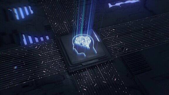 人工智能数字未来文本动画先进技术概念可视化:电路板CPU处理器芯片启动神经网络和云计算数据的人工智能数字化