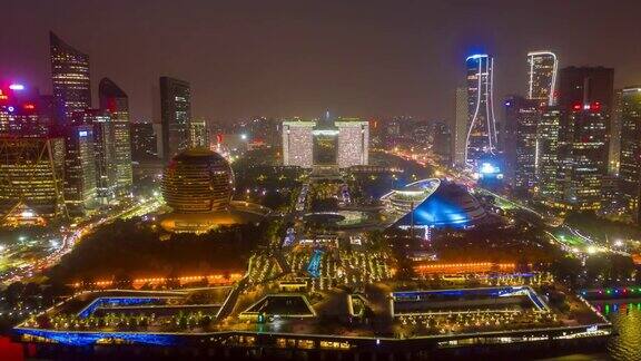 日落夜光杭州著名的现代滨江湾市中心航拍延时全景4k中国