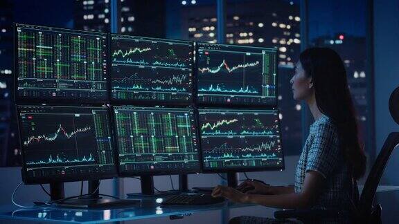 金融分析师在电脑上工作有多显示器工作站实时股票商品和交易市场图表女商人晚上在投资经纪公司办公室工作