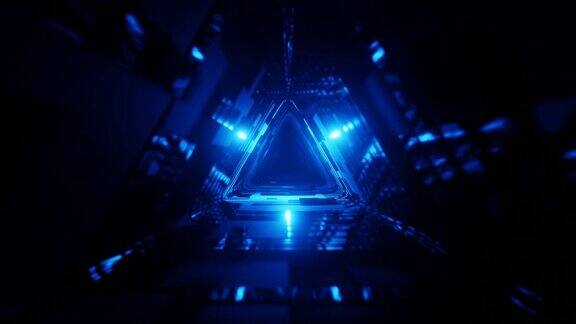一个3D数字动画展示了一个由运动中的霓虹灯照亮的三角形隧道的无缝循环
