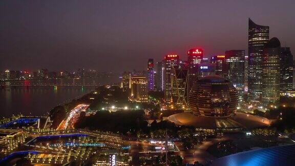 日落夜光杭州市区滨江公园交通湾航拍全景4k中国