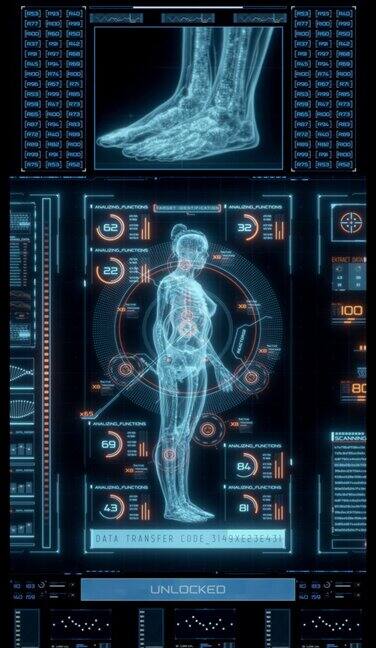 HUD屏幕与旋转的人体和浮动窗口与身体部分的特写