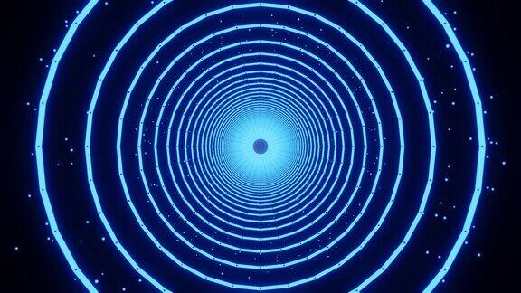三维动画的霓虹灯隧道显示动态的圆圈和粒子表现出活泼的色彩