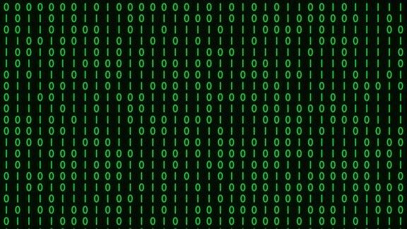 二进制代码黑色和绿色背景与数字移动在屏幕上数字时代算法二进制hud接口数据编码解密编码行矩阵后台