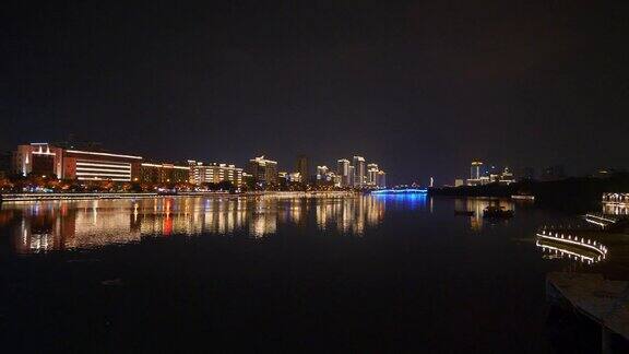 三亚市夜景时间照亮江边大桥全景4k海南中国