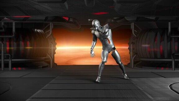 战士仿生机器人在宇宙飞船里做空手道动作准备战斗